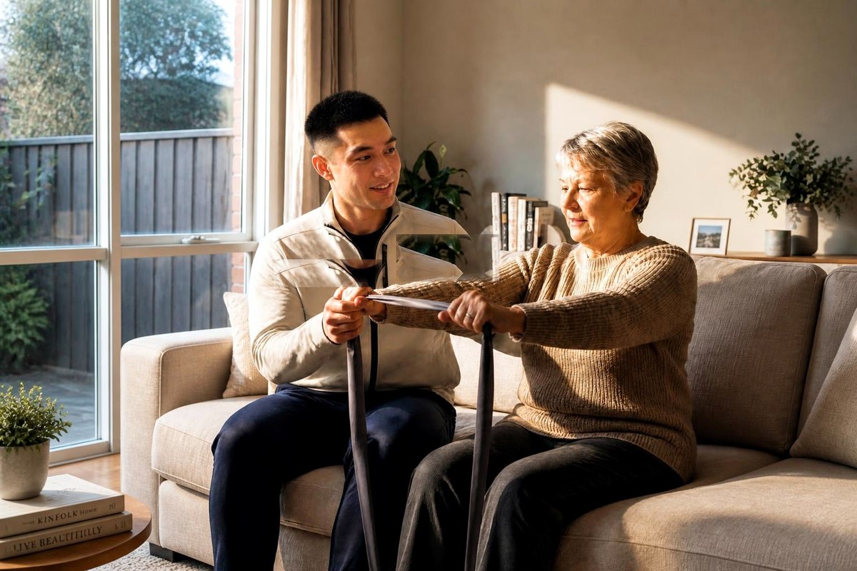 Jack, our Exercise Physiologist, guiding a client through a resistance band exercise during a home visit