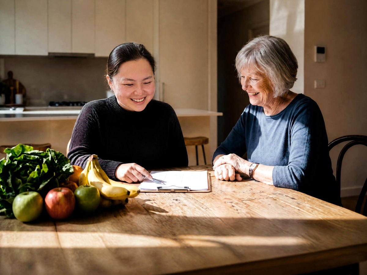 Muhe, our Dietitian, reviewing a meal plan with a client at their kitchen table, with fresh fruit and vegetables on the table