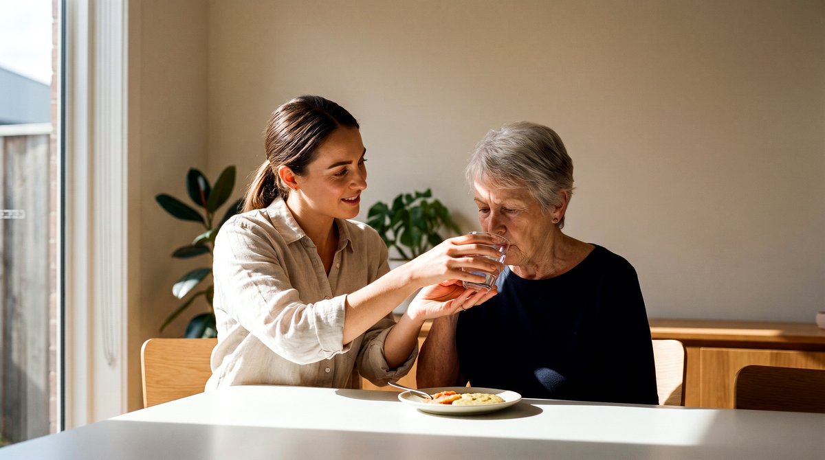 A speech pathologist supporting a client with a swallowing assessment during a home meal